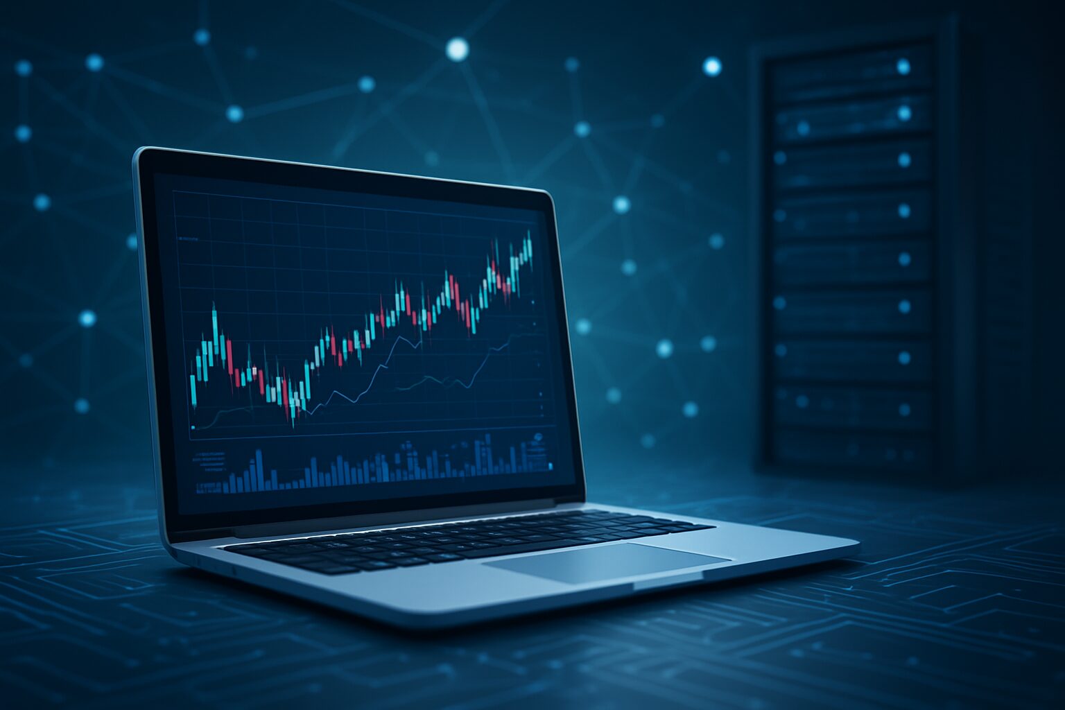 laptop displaying financial chart on a dark background